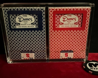 Vintage ~ The Dunes Hotel And Resort Club ~ Deck SET ~ Collectible Sealed Unspoiled Casino Cards w/Crystal Playing Cards Display Case By TCC