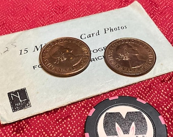 Magia de calidad: Moneda inglesa Penny Shell + Fotos de miniaturas de cartas mágicas de los Países Bajos (¡Genial y raro, de la década de 1960!)