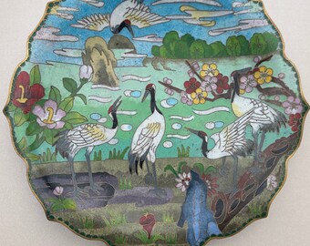 Vintage, Colorful Chinese Cloisonné Plate with Birds and Flowers