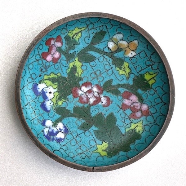 Vintage Chinese Cloisonné Aqua Trinket Dish with Flowers