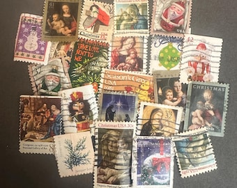 May include: A collection of vintage postage stamps featuring Christmas and religious themes. The stamps showcase images of Santa Claus, Madonna and Child, and winter scenes. Various denominations and years are visible, with text such as "Christmas USA" and "Season's Greetings".