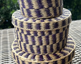 Set of (3) Vintage Round Stacking Baskets with Lids - Indigo Blue/Wicker