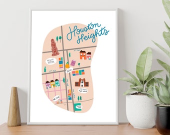 Houston Heights Neighborhood Map, Instant download printable, houston map, heights high school, downloadable wall art