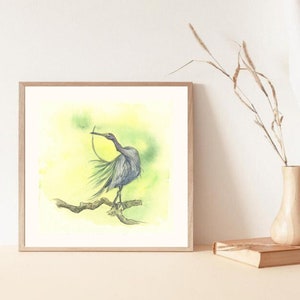 Arte original, Little Heron Blue, pintura de acuarela