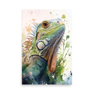 Póster de acuarela de iguana verde, arte de pared