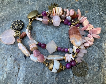 Chunky feminine boho style bracelet rose quartz