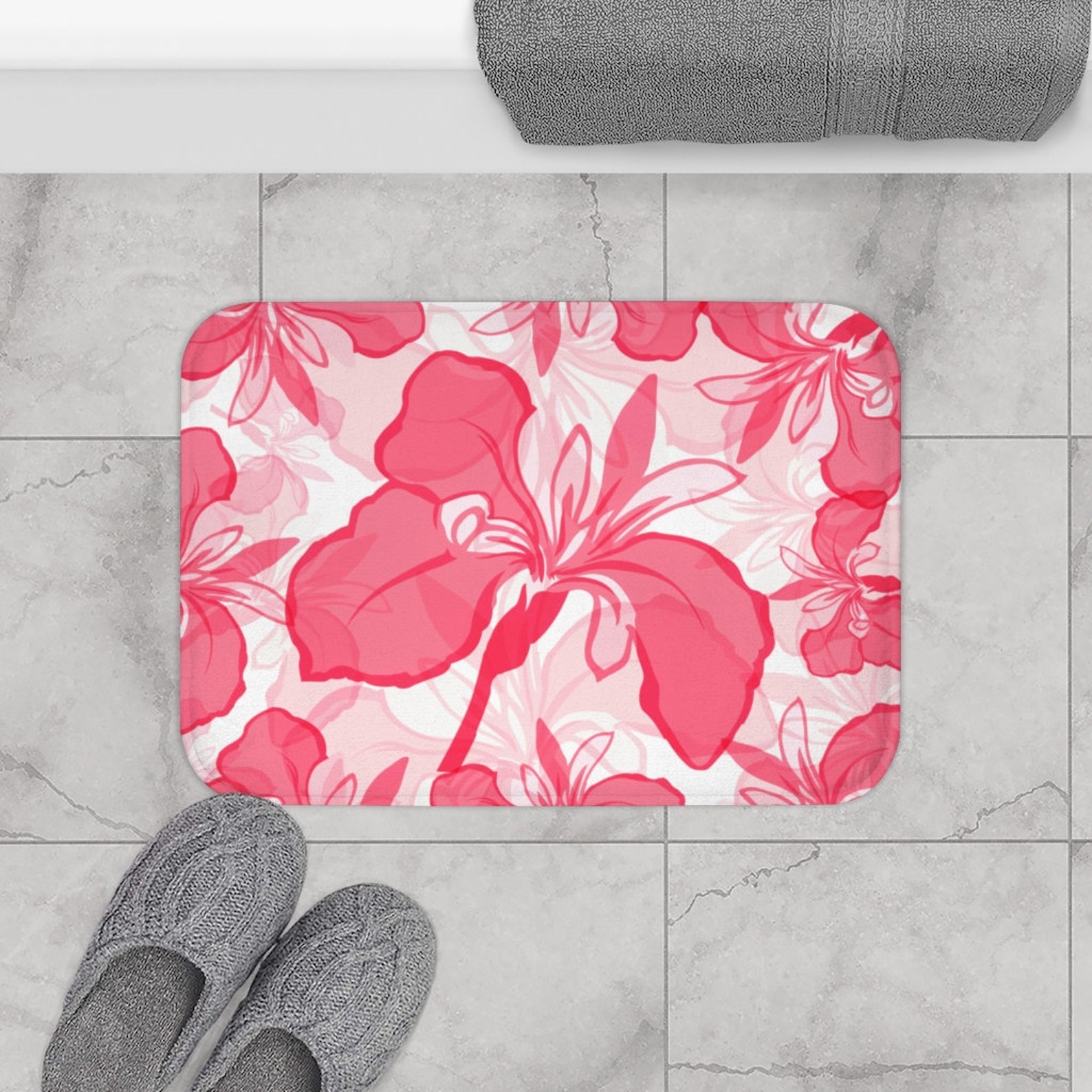 Pink flowers bath mat floral bathroom decor Floral shower Etsy
