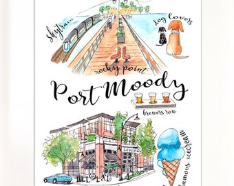 PRINT - Port Moody Collage  8x10 Print - Tricities Art - Ale Trail - Dog lover - Skytrain - RockyPoint Icecream - Suterbrook