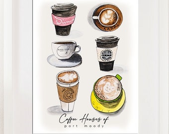 PRINT Port Moody Coffee Houses - Watercolor and Ink  - Made by local Port Moody artist featuring local baristas of Port Moody