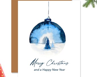 Christmas Watercolor Card depicting an ornament with trees. Greeting Merry Christmas and a Happy New Year -  Blank inside. Size 4.5' x5.5"