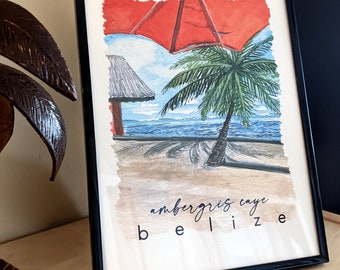 Belize Ambergris Caye - 8 x 10 Print - Watercolor Illustration of palm trees and water on a windy resort
