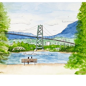 IMPRESSION - Lionsgate Bridge du parc Stanley à Vancouver BC - Aquarelle - illustration originale créée par un habitant de la Colombie-Britannique artiste
