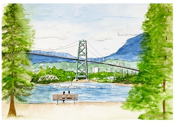 PRINT - Lionsgate Bridge from Stanley Park in Vancouver BC - Watercolor - original illustration created by a local b.c. artist