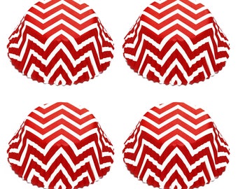 Red & White Chevron Striped Paper Cupcake Liners | Standard Size Party Supplies