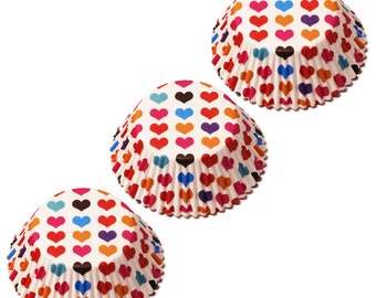 White Multicolored Heart Paper Cupcake Liners | Standard Size Party Supplies | 75 pieces