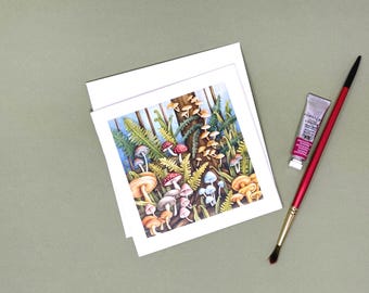 Mushroom Woodlands Watercolor Square Note Cards:  Box of 10