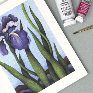 May include: A watercolor painting of a purple iris flower with green leaves. The painting is on white paper, with two tubes of paint and a paintbrush in the upper right corner. The paint tubes are labeled "Winsor & Newton Designer Gouache".