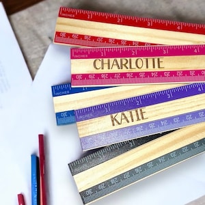 Personalized 12” wooden school ruler with colored edge - laser engraved with name of choice for back to school - 4 colors to pick from