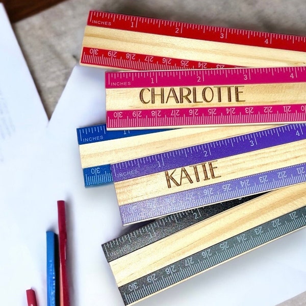 Personalized 12” wooden school ruler with colored edge - laser engraved with name of choice for back to school - 6 colors to pick from