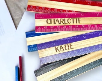 Personalized 12” wooden school ruler with colored edge - laser engraved with name of choice for back to school - 6 colors to pick from