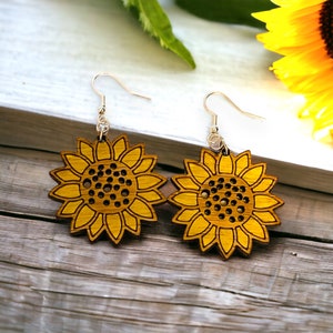 Wooden sunflower shaped engraved and hand painted earrings