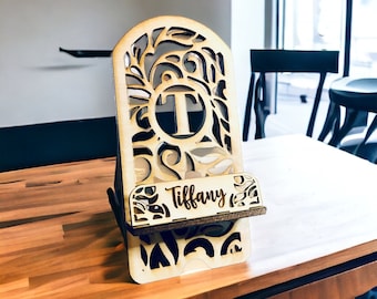 Custom Laser Engraved Monogrammed Wooden Cell Phone Stand with name and initial
