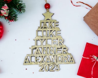 Custom christmas tree name stack ornament personalized with family names and 2023