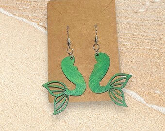 Wooden mermaid tail earrings- pick your color