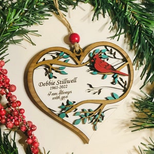 Custom Personalized Memorial Cardinal Wooden Heart Christmas Ornament with name and date