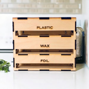 Maple Wood Kitchen Wrap Organizer: Plastic Wrap, Foil & Wax Paper