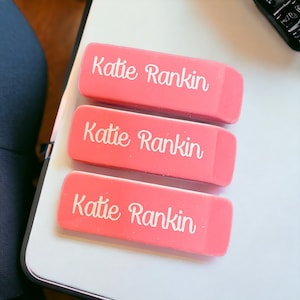 Set of 3 personalized pink school erasers - laser engraved with name of choice - pink block erasers for back to school