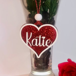 Custom red glitter acrylic Valentines Day basket gift tag