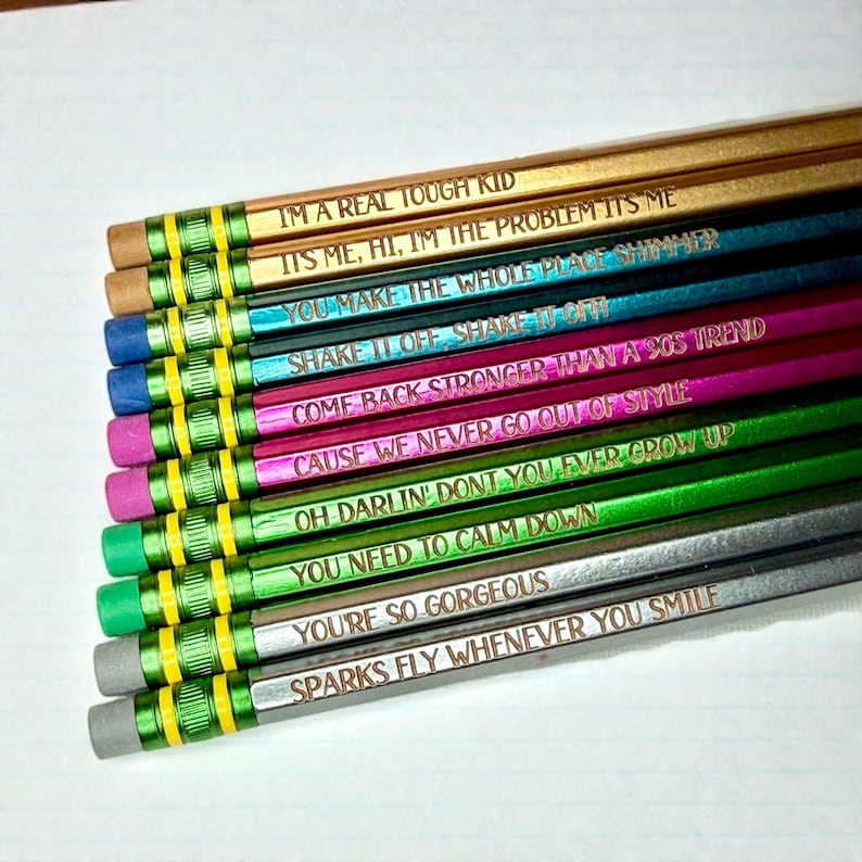 Laser Engraved Song Lyric Pencils or Ink Pens: Back to School Supplies Metallic