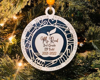 Personalized Teacher Wooden Christmas ornament with custom engraving with Child(ren)’s handwriting