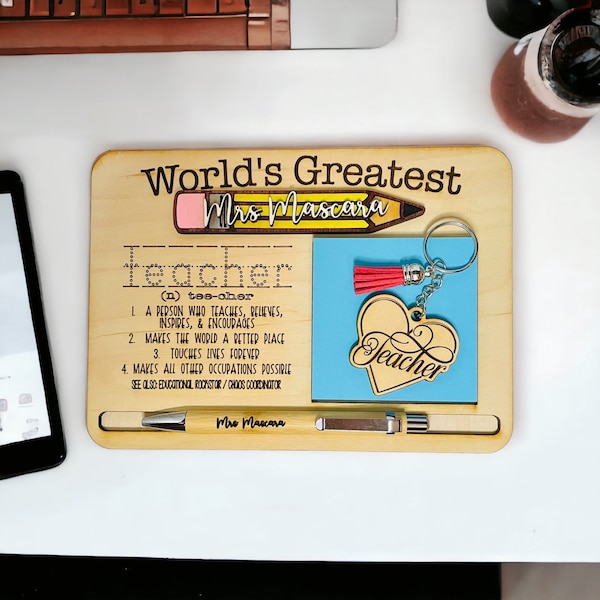 Custom wooden Worlds Best Teacher sticky note pad holder desk tray - teacher gift - pen - keychain - teacher appreciation / end of year gift