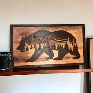 Rustic Laser Cut Bear and Mountain Scene Wall Art