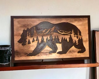Rustic Laser Cut Bear and Mountain Scene Wall Art