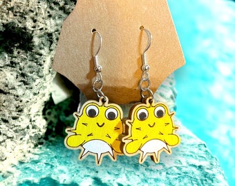 Wooden Yellow and white pufferfish earrings for beach, summer, vacation