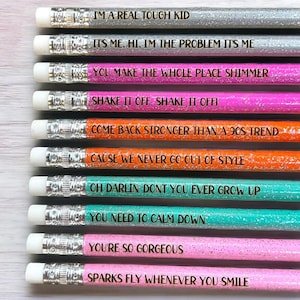 Laser Engraved Song Lyric Pencils or Ink Pens: Back to School Supplies 10 Glitter pencils