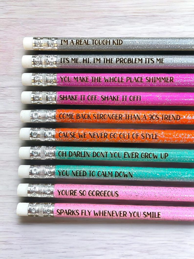 Laser Engraved Song Lyric Pencils or Ink Pens: Back to School Supplies 10 Glitter pencils