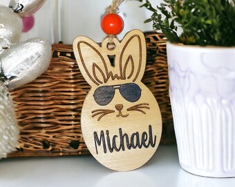 Personalized Easter bunny with sunglasses wooden basket tag with custom name