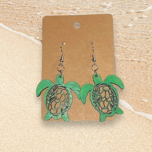 Wooden sea turtle beach earrings- pick your color