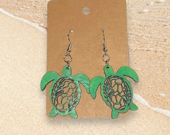 Wooden sea turtle beach earrings- pick your color