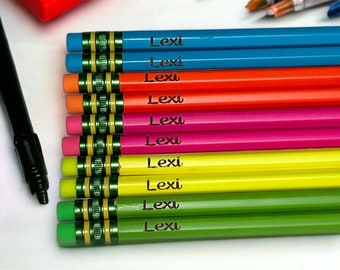 Custom Engraved Pencils for Back to School - Set of 10 personalized Neon colored #2 pencils with student name of choice