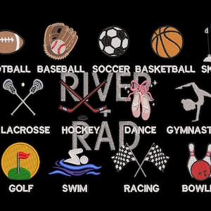 May include: An embroidered design on a black background featuring the text RIVER RAD in the centre, surrounded by icons for football, baseball, soccer, basketball, skiing, lacrosse, hockey, dance, gymnastics, golf, swimming, racing, and bowling.
