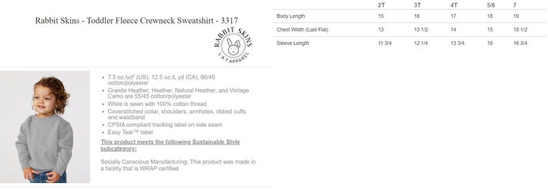 May include: A grey toddler fleece crewneck sweatshirt by Rabbit Skins, model 3317. The image includes a sizing chart with body length, chest width, and sleeve length measurements in inches for sizes 2T through 7, alongside product specifications.