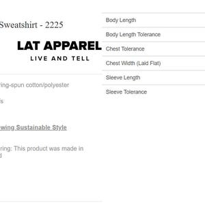 May include: A grey crewneck sweatshirt by LAT Apparel, model 2225, made of 7.4 oz/yd&sup2; 60/40 combed ring-spun cotton/polyester fleece. Features a ribbed collar, hem and cuffs, a back locker patch, and an EasyTear label. Includes a size chart for XS to XL.