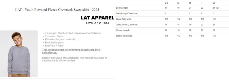 May include: A grey crewneck sweatshirt by LAT Apparel, model 2225, made of 7.4 oz/yd&sup2; 60/40 combed ring-spun cotton/polyester fleece. Features a ribbed collar, hem and cuffs, a back locker patch, and an EasyTear label. Includes a size chart for XS to XL.