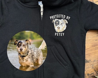 Custom Embroidered Protected by Dog Portrait Zip Up Baby Sweatshirt; Baby Shower Gift, Custom Baby Sweatshirt