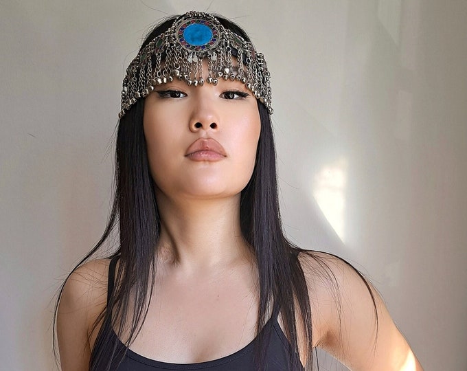 Kuchi headpiece, kuchi headdress, mandala headdress, ethnic headpiece, turquoise headdress, fusion tribal headpiece, festival boho headpiece